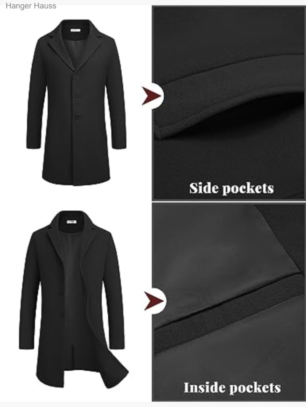 Men's Wool Blend Trench Coat Notched Lapel Single Breasted Overcoat Peacoat - Picture 4 of 7